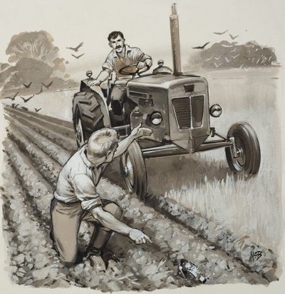 Farmář objevující starožitnou relikvii (kvaš na papíře) od Angus McBride