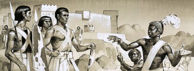 Hyksósové, faraon Kamose instruuje speciálně vycvičené černošské válečníky o bojové taktice. od Angus McBride