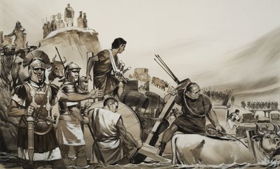 Julius Caesar (100-44 př. n. l.) vedl své vojáky přes řeku Rubikon a táhl na Řím (kvaš na papíře) od Angus McBride