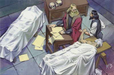 Leonardo da Vinci zkoumá lidskou anatomii na mrtvolách mužů, kteří zemřeli v nemocnici (kvaš na papíře) od Angus McBride