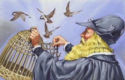 Leonardo da Vinci, který koupil ptáky v klecích, aby je pustil na svobodu (kvaš na papíře) od Angus McBride