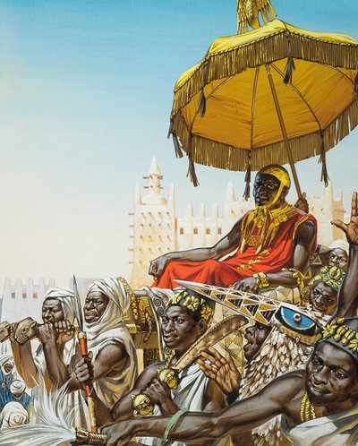 Mansa Kankan Musa I., král malijské říše ve 14. století (kvaš na papíře) od Angus McBride