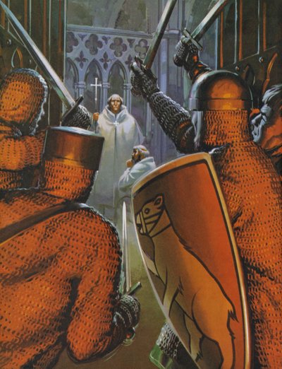 Vražda Tomáše Becketa v katedrále v Canterbury (barevná litografie) od Angus McBride