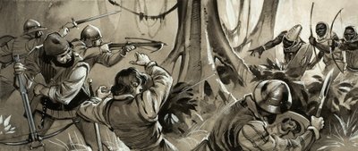Portugalští námořníci napadení nepřátelskými kmeny v severní Africe (kvaš na papíře) od Angus McBride