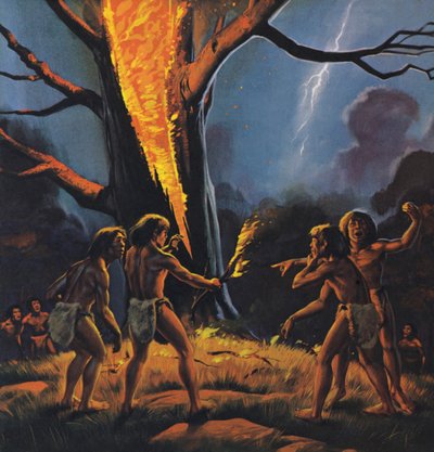 Pravěký člověk a oheň (barevná litografie) od Angus McBride