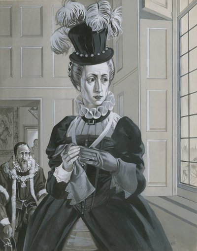 Královna Alžběta I. při zprávě o popravě Marie, královny Skotské (kvaš na papíře) od Angus McBride