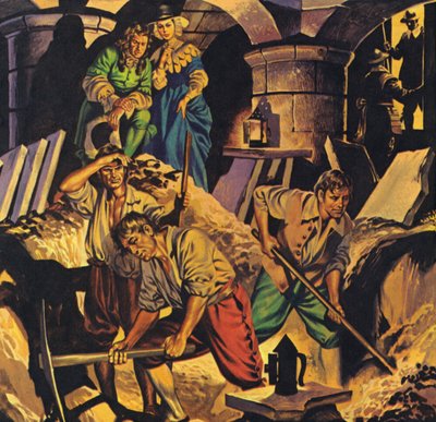 Samuel Pepys hledá pokladnici s penězi údajně ukrytou v londýnském Toweru (barevná litografie) od Angus McBride