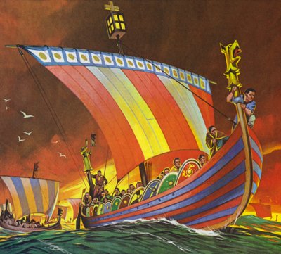 Normané se vydávají přes Kanál do Hastingsu (barevná litografie) od Angus McBride