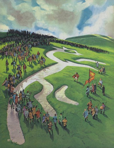 Bílý kůň v Uffingtonu, postavený Alfrédem Velikým po bitvě u Ashdownu proti Dánům (barevná litografie) od Angus McBride