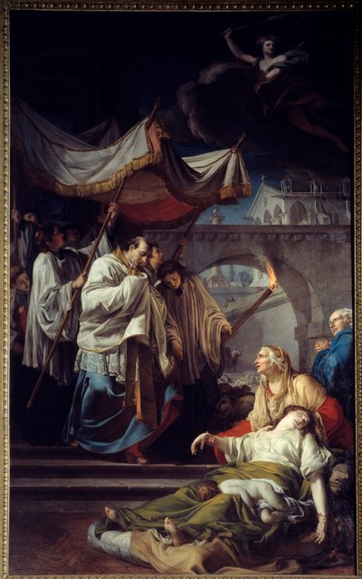 Borromee komunikující pestifery. Saint Charles Borromee (Carlo Borromeo od Anicet Charles Gabriel Lemonnier