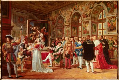 Století Francoise 1.: Francois 1. král Francie obdržel obraz Svaté rodiny ve Fontainebleau, který poslal z Říma Raphael (italský malíř Raffaello sanzio) jako poctu jeho vděčnosti. Po jeho stranách rozlišujeme: (Část vlevo o od Anicet Charles Gabriel Lemonnier