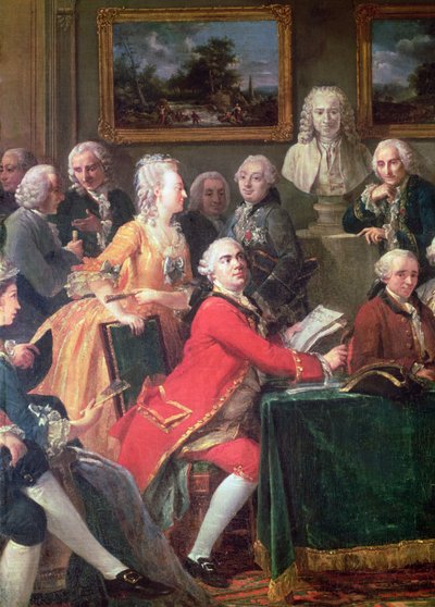 Soirée at the Home of Madame Geoffrin detail Lekain and Mademoiselle Clairon, 1755, olej na plátně od Anicet Charles Lemonnier