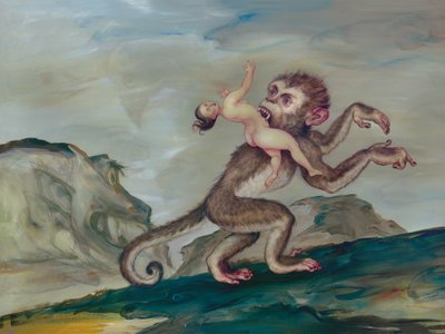 Žena unášená primátem, 2018 (akrylová barva na ilustrační tabuli) od Anita Kunz