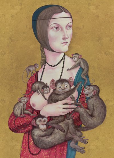 Žena s opicemi, 2016 (akrylová barva na ilustrační tabuli) od Anita Kunz