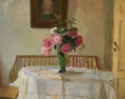 Interiér Ancherova domu na Markveji ve Skagenu s růžovými chryzantémami ve váze na stole. od Anna Ancher