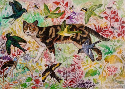 Tabby a ptáci, 2019 (akryl) od Anna Pugh