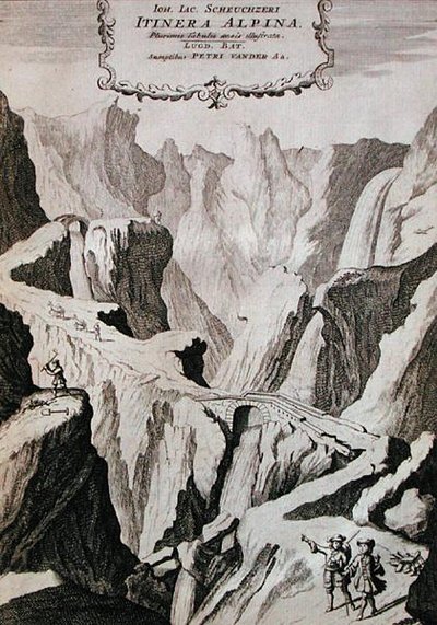 Frontispis k I. dílu „Itinera Alpina“ od Johanna Jacoba Scheuchzeriho, vydáno 1706 (rytina) od Anna Wasera (after) Tigurina