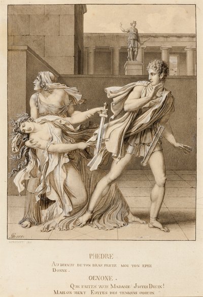 Phaedre, která deklarovala svou vášeň, se pokusila zabít Hippolytovým mečem od Anne-Louis Girodet de Roucy-Trioson