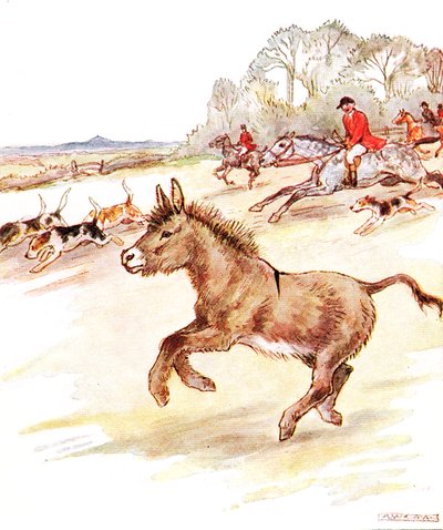 "Dnes jsem si užil svůj život. Po mém poli se proháněli muži v červených pláštích na koních a spousta psů", ilustrace z knihy "The Naughty Neddy Book", vydané nakladatelstvím Thomas Nelson und Sons, 20. léta 20. století (barevné provedení). od Anne Anderson