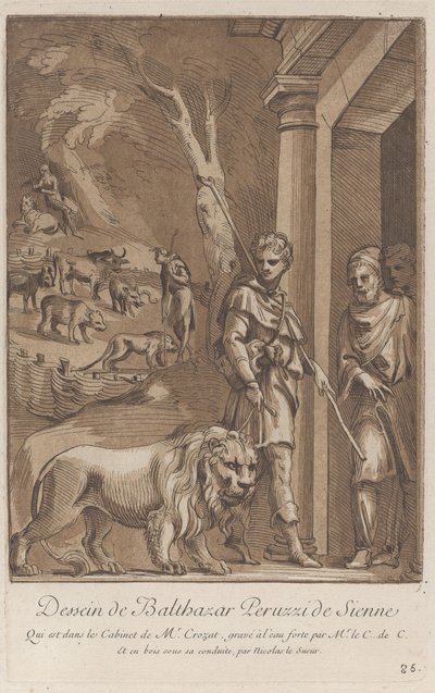 Pastýř držící lva na vodítku v popředí, uprostřed shi..., ca. 1729-64 od Anne Claude Philippe de