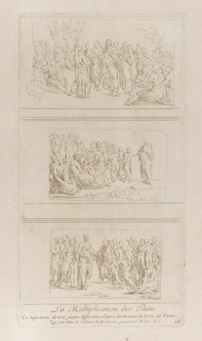 Tři samostatné studie o zázrakech chlebů, ukazující Krista stojícího v d..., ca. 1729-40. od Anne Claude Philippe de Caylus