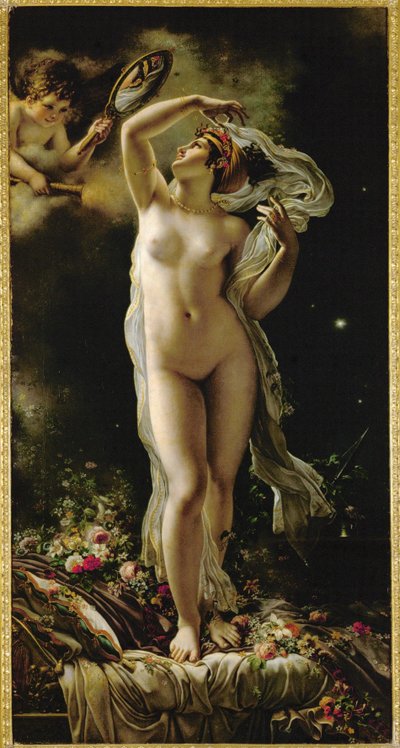 Danae, jak se dívá na sebe v zrcadle, které drží Amor (olej na plátně) od Anne Louis Girodet de Roucy-Trioson