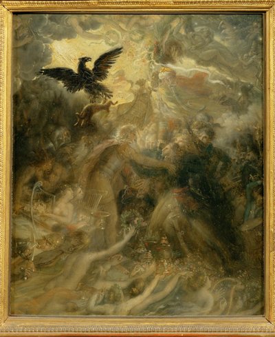 Stíny francouzských hrdinů, které Ossian přijal v leteckém Elysejském paláci. Satirická replika velkého ... od Anne Louis Girodet de Roucy-Trioson