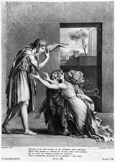 Andromacha u Pyrrhových nohou, ilustrace ze 7. scény III. dějství "Andromaky" od Jeana Racina (1639-99), vyryl Henri Marais (nar. asi 1768) od Anne Louis Girodet de Roucy Trioson