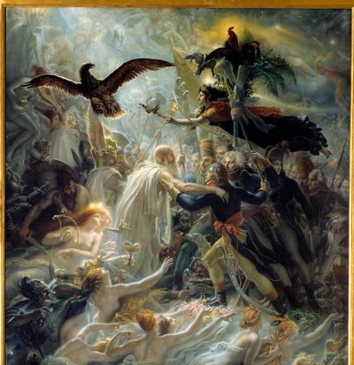 Apoteóza francouzských hrdinů, kteří zemřeli za vlast během války Liberte, pocta Napoleonovi Bonaparte Allegorie představující barda Ossiana, skotského básníka 3. století čteného Napoleonem, který přivítal Ludvíka Charlese Antoina Desaix de Ve od Anne Louis Girodet de Roucy Trioson
