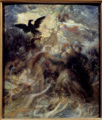 Apoteóza francouzských hrdinů, kteří zemřeli za vlast během války Liberte, pocta Napoleonovi Bonaparte Allegorie představující barda Ossiana, skotského básníka 3. století čteného Napoleonem, který vítal generály Louis Charles Antoine Des od Anne Louis Girodet de Roucy Trioson