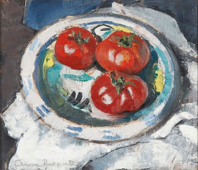 Zátiší - Tři rajčata (olej na palubě) od Anne Redpath