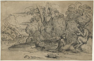 Krajina se satyrem hrajícím na flétnu, ženou a puttem od Annibale Carracci (attributed to)
