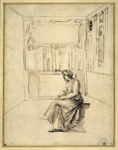 Žena sedící v místnosti (pero a hnědý inkoust na papíře) od Annibale Carracci