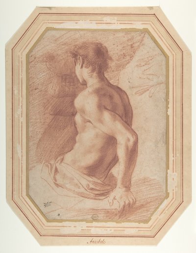 Pohled zezadu na sedícího nahého mladíka obráceného doleva od Annibale Carracci