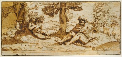 Amor hrající na flétnu a Silén v arkadské krajině od Annibale Carracci