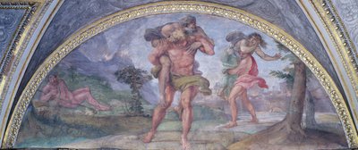 Luneta zobrazující Aenea prchajícího z hořící Tróje, který nese svého otce Anchise a za ním Ascanius nesoucí jeho matku, z Camerina, 1596 od Annibale Carracci