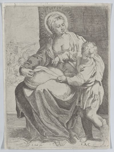 Sedící Panna držící polštář na klíně s mladým Kristem stojícím vpravo..., 1580-1600. od Annibale Carracci