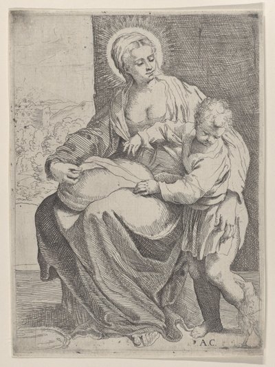 Sedící Panna držící polštář na klíně s mladým Kristem stojícím vpravo..., 1580-1600. od Annibale Carracci