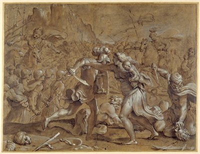 Bitva mezi Římany a Sabiny (pero a inkoust s praním a kvašem na papíře) od Annibale Carracci