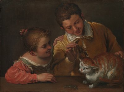 enDvě děti škádlí kočku od Annibale Carracci