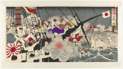 Zobrazení námořní bitvy během čínsko-japonské války Nisshin kaisen no zu (název na objektu) od Anonymous