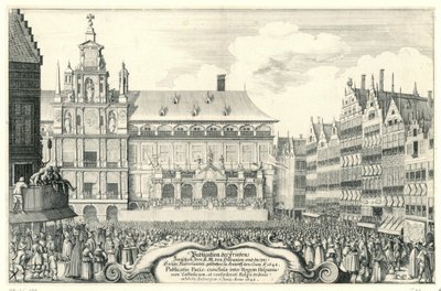 Afkondiging van de Vrede van Munster te Antverpy, 1648 Publikace Míru mezi Vaším K.M. Hispánie a sjednoceného Nizozemska. provedeno v Antorffu, 5. června, A.O. 1648 (název na předmětu) Publicatio Pacis, conclusae inter Regem His od Anonymous
