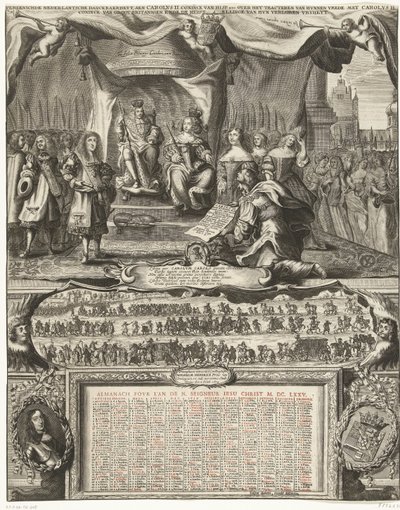 Alegorie míru s Anglií v roce 1674 a almanach na rok 1675 Vereenichde Nederlantsche danckbaerheyt, aen Carolus II. Coninck van Hisp. atd. o uzavření jejich míru s Karlem II. Coninck z Velké Británie a restaurování od Anonymous