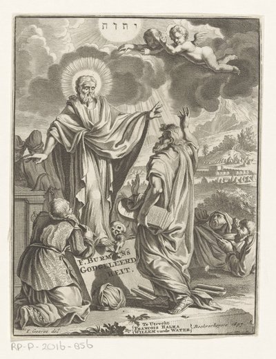 Alegorické zobrazení s Kristem, Mojžíšem a klečící postavou Titulní strana pro: Frans Burman, Teologie, 1697 od Anonymous