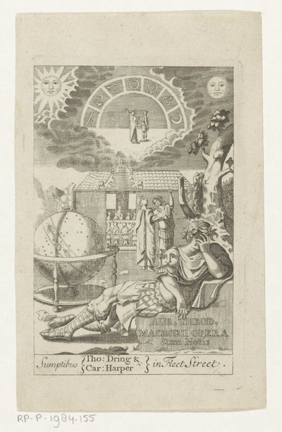 Ambrosius Theodosius Macrobius leunend op teen naast globe Zlato Theod. Macrobius Opera Cum Notis (název na objektu) Titulní stránka: Ambrosius Theodosius Macrobius, Aur. Theodosius Macrobius V. Cl. & Illustrious Works, 1694 od Anonymous