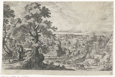 Apollo na procházce s mladou ženou Krajiny s mytologickými a biblickými scénami (název série) od Anonymous