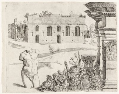Architektura capriccio se spolia, mužské torzo a pohled na Diokleciánovy lázně od Anonymous