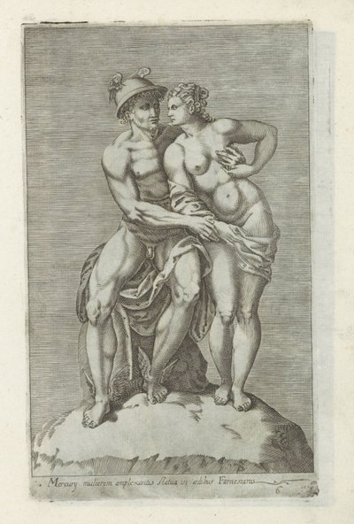 Beeldengroep se setkal s Mercuriem en een godinem Socha Merkura objímajícího ženu ve farnéském paláci (název na předmětu) Starožitné sochy v Římě (název série) Ikony starověkých soch města Říma, které jsou vidět na veřejných místech (název série) od Anonymous
