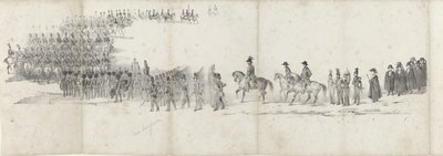 Pohřeb zesnulého krále Willema II v Delftu 4. dubna 1849 (strana 1) Pět souvislých listů pohřebního průvodu Viléma II v roce 1849 (název série) od Anonymous