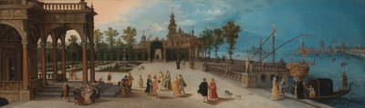 Taneční párty v předhradí imaginárního paláce s výhledem na Capriccio na Benátky v dálce od Anonymous